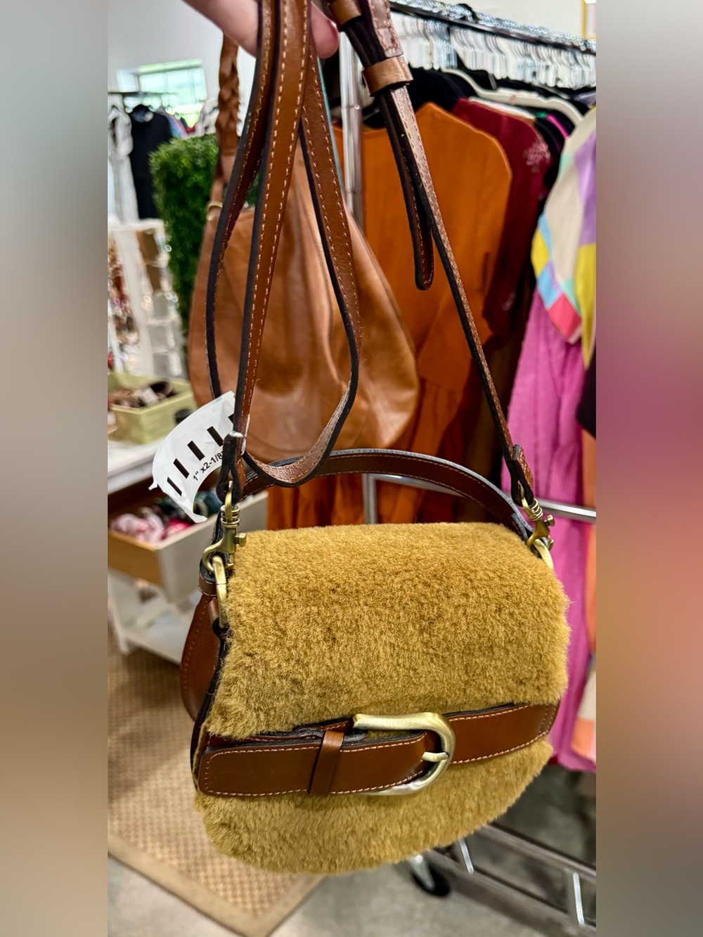 Patricia Nash Mustard Shearling Flap Crossbody with Brown Leather Trim